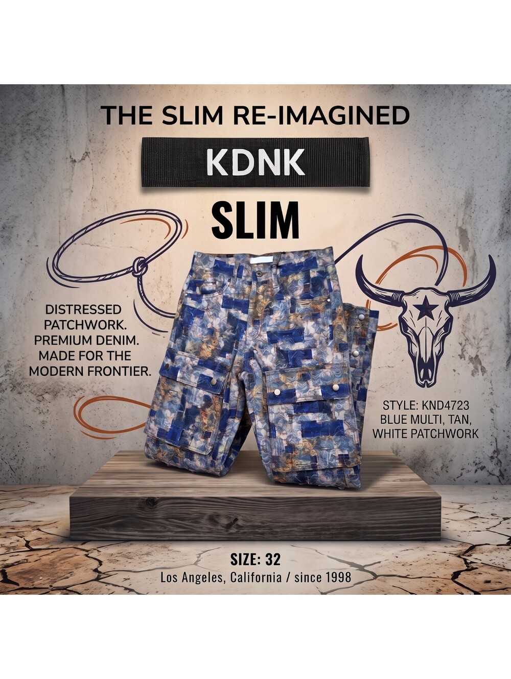 KDNK Men's 32 Slim Patchwork Jeans KND4723 Frayed Cargo Snap Leg Blue NWT